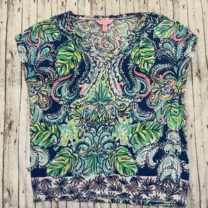Lilly Pulitzer Womens Casa Azul Hartwell Tee Shirt Top Size XXS/XS Blues Linen
